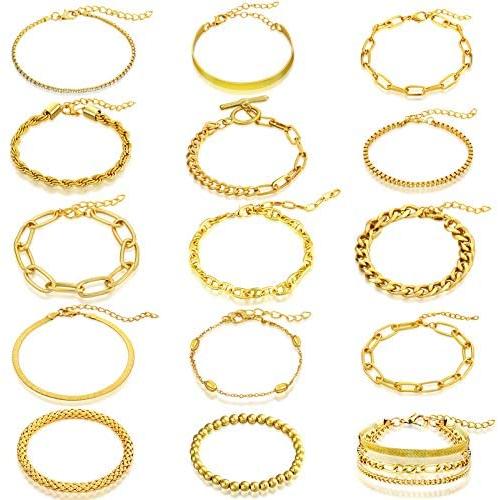Hicarer 15 Pieces Women Chain Bracelets Set Adjustable Gold Cuban Snake Geometric Beaded Hip Hop Chunky Chain Link Bracelet for Women Girls Valentines Day Jewelry