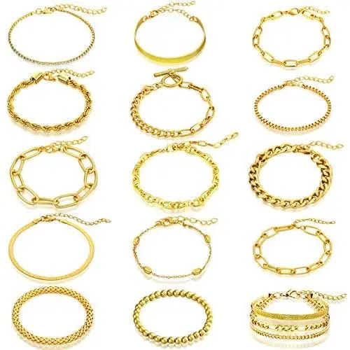 Hicarer 15 Pieces Women Chain Bracelets Set Adjustable Gold Cuban Snake Geometric Beaded Hip Hop Chunky Chain Link Bracelet for Women Girls Valentines Day Jewelry
