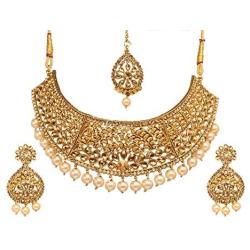 Bindhani Womens Indian Jewelry Simple Bridal Wedding Party Wear Crafted Brides Gold Plated Kundan Polki Choker Necklace Earrings Tikka Bollywood Style Fashion Jewellery Set for Bridemaids