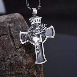 AJESLU New Cross Pendant Style Jesus Necklace Mens Christ Crown of Thorns Religious Mens Leather Cord Necklace Jewelry