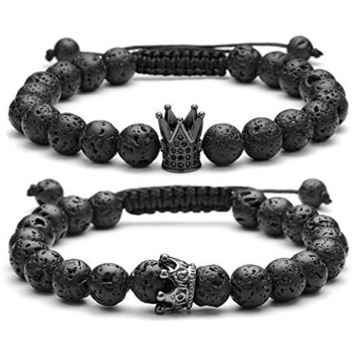 Top Plaza Couple Distance Bracelets Lava Stone Beads Essential Oil Diffuser Adjustable Bracelet with King Queen Crown Charm