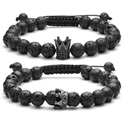 Top Plaza Couple Distance Bracelets Lava Stone Beads Essential Oil Diffuser Adjustable Bracelet with King Queen Crown Charm Top Plaza Couple Distance Bracelets Lava Stone Beads Essential Oil Diffuser Adjustable Bracelet with King Queen Crown Charm