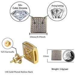 14K Gold Plated 925 Sterling Silver Iced out XL Large Square Screw Back Hypoallergenic Stud Earrings for Men and Women