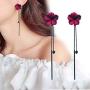 Trendy Red Green Poppy Flower Black Long Line Bar Tassel Earrings for Women Charm Drop Dangle Earring Jewelry (Red)
