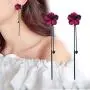 Trendy Red Green Poppy Flower Black Long Line Bar Tassel Earrings for Women Charm Drop Dangle Earring Jewelry (Red)