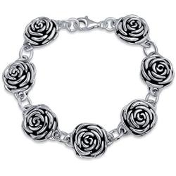 Black Antiqued Finish Roses Flowers Bracelet For Women For Girlfriend Hollow 925 Sterling Silver 7.5 Inch