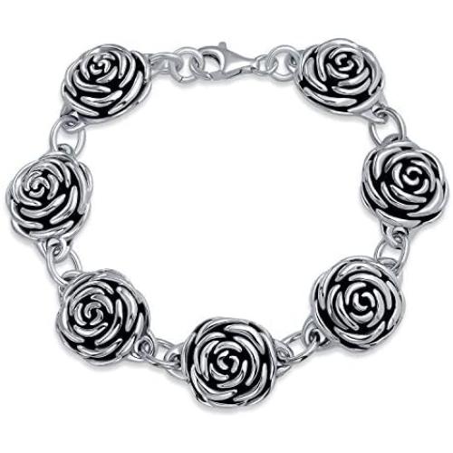 Black Antiqued Finish Roses Flowers Bracelet For Women For Girlfriend Hollow 925 Sterling Silver 7.5 Inch