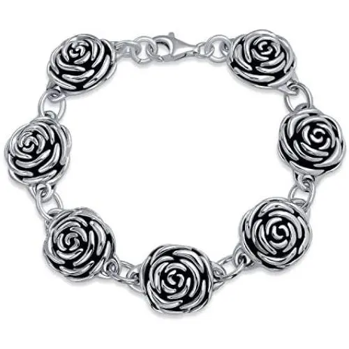 Black Antiqued Finish Roses Flowers Bracelet For Women For Girlfriend Hollow 925 Sterling Silver 7.5 Inch Black Antiqued Finish Roses Flowers Bracelet For Women For Girlfriend Hollow 925 Sterling Silver 7.5 Inch