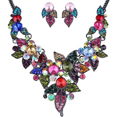 EVER FAITH Austrian Crystal Spring Floral Leaves Plant Cluster Multicolor Jewelry Set