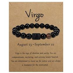 EnjoIt 10mm Natural Black Onyx Stone Zodiac Bracelet Star Sign Constellation Horoscope Bracelet for Women Men with Constellation Card C2282