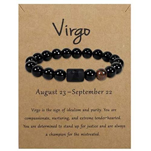 EnjoIt 10mm Natural Black Onyx Stone Zodiac Bracelet Star Sign Constellation Horoscope Bracelet for Women Men with Constellation Card C2282