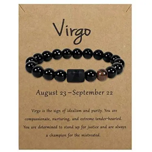 EnjoIt 10mm Natural Black Onyx Stone Zodiac Bracelet Star Sign Constellation Horoscope Bracelet for Women Men with Constellation Card C2282