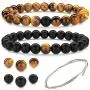 Beaded Gemstone Bracelets for Men and Women: Lava, Onyx and Tiger Eye Bracelet Sets with Spare Beads and Stretch Cord - Mens and Womens Boho Jewelry - 7.25 Inch Bead Bracelet 8mm Beads