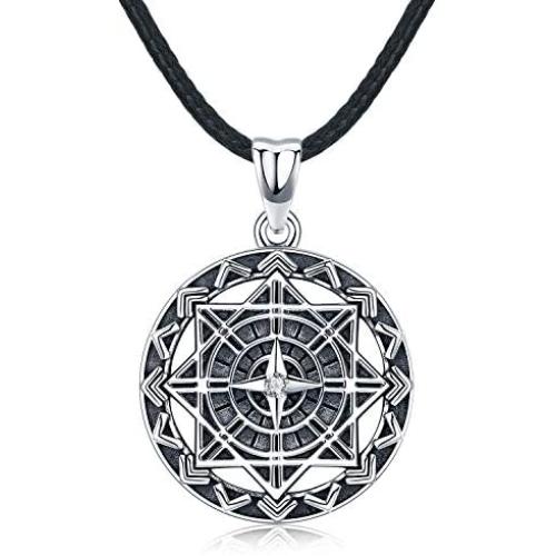 Compass Necklace for Men, S925 Sterling Silver Pendant''Compass of Life'' Men Jewelry Gifts with Leather Rope length 22inch (56cm)