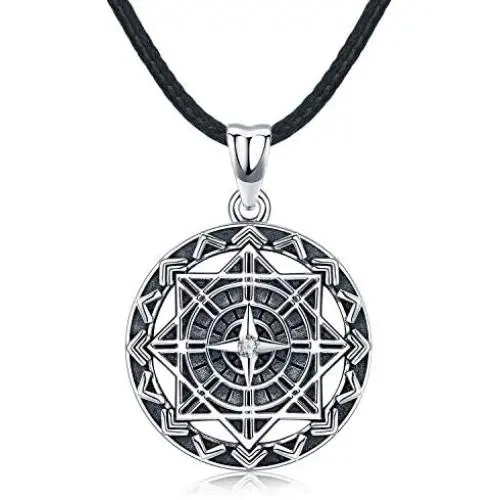 Compass Necklace for Men, S925 Sterling Silver Pendant''Compass of Life'' Men Jewelry Gifts with Leather Rope length 22inch (56cm)