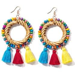 Handmade Beaded Tassel Statement Earrings Bohemian Fringe Lightweight Party Dangle Drop Earrings Boho Rattan Earrings For Women Girls