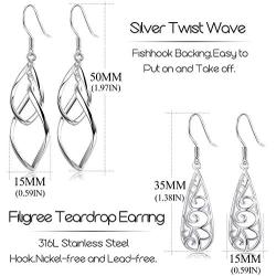 XCOIN 3 Pairs Celtic Knot Dangle Earrings for Women Silver Twist Wave Filigree Teardrop Fashion Earring Jewelry