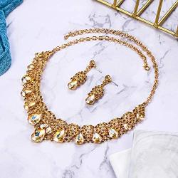BriLove Indian Costume Jewelry Sets for Brides Rhinestone Teardrop Hollow Scroll Statement Necklace Dangle Earrings