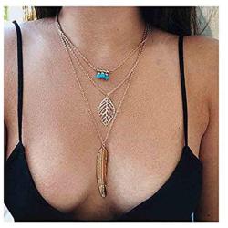 Yfe Fashion Necklace Turquoise Leaf Pendent Choker Necklace Gold Layered Necklaces for Women and Girls Boho Jewelry
