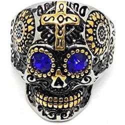 D&L Menswear Two Tone Gold & Silver Plated Stainless Steel Sugar Skull Gothic Cross Ring with Blue Rhinestone Eyes