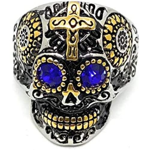 D&L Menswear Two Tone Gold & Silver Plated Stainless Steel Sugar Skull Gothic Cross Ring with Blue Rhinestone Eyes