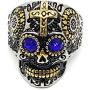 D&L Menswear Two Tone Gold & Silver Plated Stainless Steel Sugar Skull Gothic Cross Ring with Blue Rhinestone Eyes