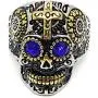 D&L Menswear Two Tone Gold & Silver Plated Stainless Steel Sugar Skull Gothic Cross Ring with Blue Rhinestone Eyes D&L Menswear Two Tone Gold & Silver Plated Stainless Steel Sugar Skull Gothic Cross Ring with Blue Rhinestone Eyes