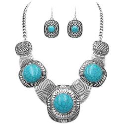 Rosemarie & Jubalee Womens Unique Western Style Square Concho with Natural Howlite Necklace Earrings Set, 16''-19'' with 3'' Extension