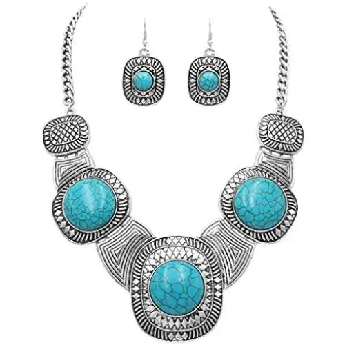 Rosemarie & Jubalee Womens Unique Western Style Square Concho with Natural Howlite Necklace Earrings Set, 16''-19'' with 3'' Extension Rosemarie & Jubalee Womens Unique Western Style Square Concho with Natural Howlite Necklace Earrings Set, 16''-19'' with 3'' Extension