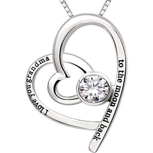 ALOV Jewelry Sterling Silver I Love You Grandma to The Moon and Back Love Heart Cubic Zirconia Pendant Necklace