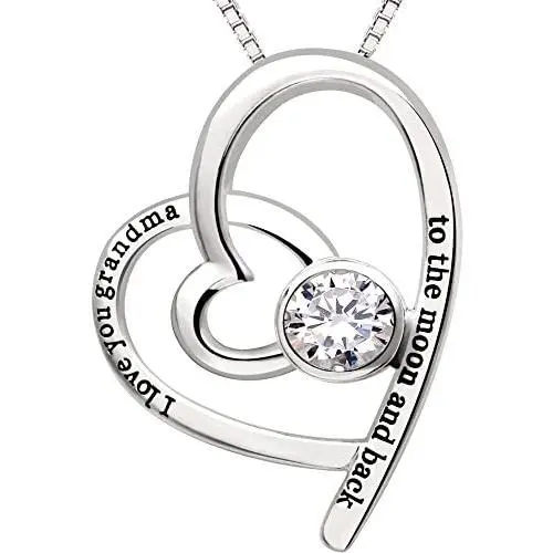 ALOV Jewelry Sterling Silver I Love You Grandma to The Moon and Back Love Heart Cubic Zirconia Pendant Necklace