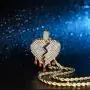 Mens Bling Iced Out Broken Heart Pendant Chain Fake Diamond Tennis Cuban with Heartbreaks 24 Inches