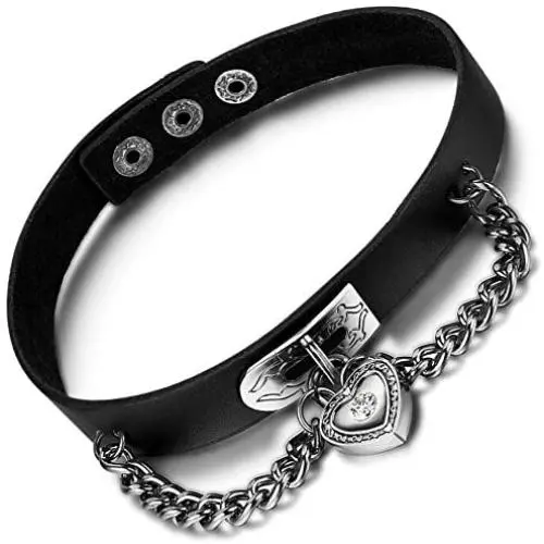Flongo Womens Mens Fashion Punk Alloy Cool Gothic Heart-Shape Lock Link Leather Collar Choker Necklace