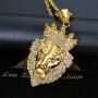 Lee Island Fashion 24K Gold Plated Simulated Diamond CZ Fully Lion King with Crown Pendant Stainless Steel Necklace, 24 Inch Chain for Men Hip Hop Jewelry