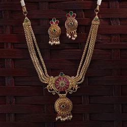 Aheli Beautiful Gold Tone Bollywood Party Wear Ethnic Festive Wedding Pendant Necklace Set Indian Traditional Fashion Jewelry for Women
