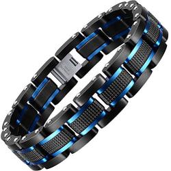 Holizaly Mens Stainless Steel Two Tone Square Link Bracelet, Black and Blue Ion Plated Black