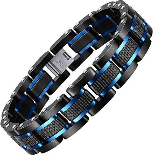 Holizaly Mens Stainless Steel Two Tone Square Link Bracelet, Black and Blue Ion Plated Black