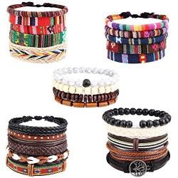 Finrezio 24 Pcs Braided Bracelet Set Men Women Handmade Jewelry String Beads Leather Wristbands Boho Ethnic Tribal Linen Hemp Cords Wrap Bracelets