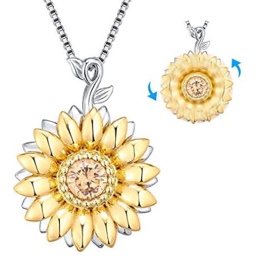 Aniu Golden Rotatable Sunshine Sunflower Pendant Necklace for Women Girls, S925 Sterling Silver You Are My Sunshine Jewelry with 5A Cubic Zirconia (Gold)
