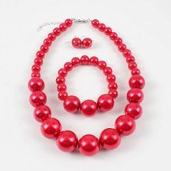 Shineland Simple Large Big Simulated Pearl Statement Necklace Bracelet and Earrings Jewelry Set (Red)