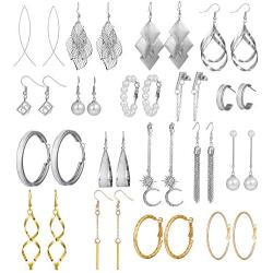 Fashion Earrings for Women Girls, Funtopia 68 Pairs Drop Dangle Earrings, Statement Stud Earrings Pearl Earrings Set for Party Jewelry Gift (Gold and Silver)