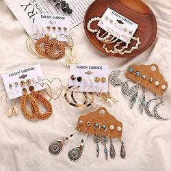 36 Pairs Boho Fashion Drop Dangle Earrings Jewelry Vintage Silver Moon Rattan Leopard Acrylic Hoop Turquoise Earrings Hypoallergenic Best Gift for Women Girls