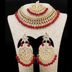 SANARA Jewellery Indian Bollywood Ethnic Gold Plated Traditional Ethnic Red Bridal Choker Necklace Set with Earrings for Women