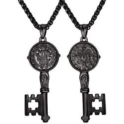 U7 Ward Off Evil Exorcism Jewelry Stainless Steel/Black / 18K Gold Plated Saint Benedict Medal Design Key Pendant Necklace