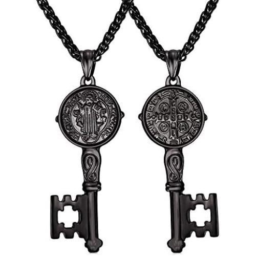 U7 Ward Off Evil Exorcism Jewelry Stainless Steel/Black / 18K Gold Plated Saint Benedict Medal Design Key Pendant Necklace