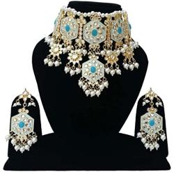 Finekraft Meena Kundan Bridal Wedding Designer Gold Plated Pearls Necklace Jewelry Set