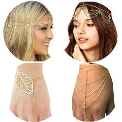 PPX 4 Gold Head Chain Set, Bohemian Style Circle Sequins Chain Jewelry Forehead Hair Band Clasp Decorations and Hair Band Tassels Pearl and Crystal Bracelet Slave Finger Ring Hand Harness with Box