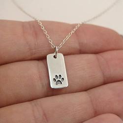 FashionJunkie4Life Sterling Silver Paw Print on Rectangle Charm Necklace, 18'' Chain, Dog Cat Pet Jewelry