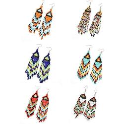 6 Pcs Bohemian Long Beaded Dangle Earrings Handmade Colorful Seed Beaded Long Tassels Drop Earring Set Dainty Elegant Ethnic Style Earring Set for Women Girl Jewelry