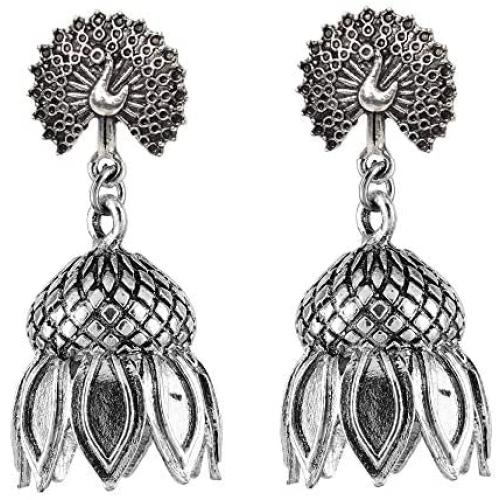 Saissa Silver Tone Oxidised Metal Bollywood Jhumka Boho Earrings Indian Jewelry for Women